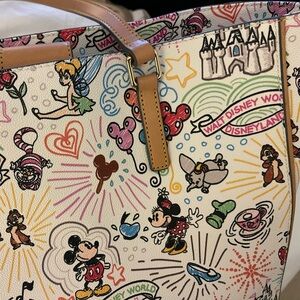 Disney Cream Canvas Tote with Multi-Color Character Print and Tan Handles